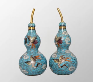 A Pair Chinese Gilt Gold Bronze Cloisonne Crane Design Gourd Shape Vase
