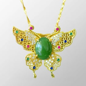 Chinese Gilt Gold 925 Silver Inlay Green Hetien Jade Butterfly Pendant