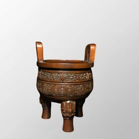 Vintage Chinese Boxwood Wood Carved 3 Legs Double Ears Incense Burner