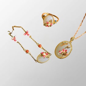 Chinese Gilt Gold 925 Silver Inlay Hetien Jade Lotus Flower & Dragonfly Pendant,Bracelet,Ring