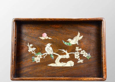 Vintage Chinese Huali Wood Inaly Shell Plum Flower & Magpie Design Tea Tray