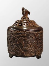 Openwork Vintage Chinese Copper Clouds Crane Design Incense Burner