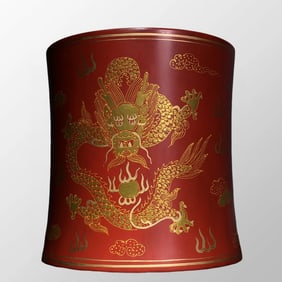 Vintage Chinese Gilt Gold Red Wooden-cored Lacquerware Fortune Dragon Deaign Brush Pot