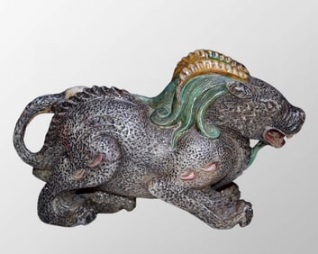 Vintage Chinese Colored Drawing Shoushan Stone Carved Fortune Beast Statue