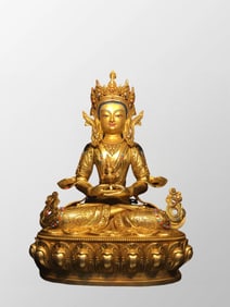 Tibetan Buddhism Gilt Gold Bronze Inlay Gem Amitayus Statue
