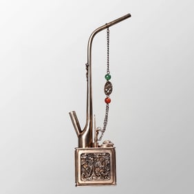 Vintage Chinese White Copper Inlay Gems Tobacco Pipe