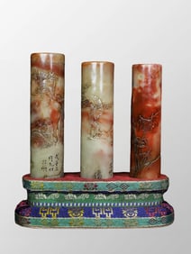 A Set Three Vintage Chinese Shoushan Stone Low Relief Pine Tree & Figure Seal w Box