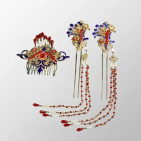 Three Vintage Gold Wire Enamel Inlay Gems Flowers Hairpin w Lacquerware Box