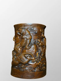 Chinese Boxwood Wood Low Relief Tiger Design Brush Pot