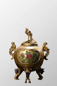 Openwork Chinese Gilt Gold Copper Colored Drawing 3 Legs Double Ears Phoenix Incense Burner