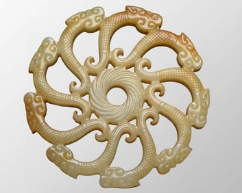 Openwork Vintage Chinese Hetian Jade Carved Nine Dragon Pendant