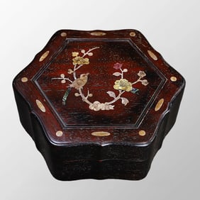 Vintage Chinese Zitan Wood Inlay Shell Flower Bird Jewellery Box
