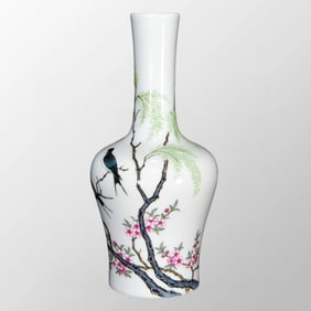 Chinese Qing Dynasty Famille Rose Enamel Flower Bird Porcelain Vase