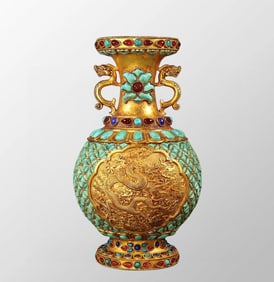 Superb Old Chinese Gilt Gold Bronze Inlay Turquoise & Lapis Lazuli Double Dragon Vase