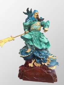 Vintage Chinese Gilt Gold Copper Colored Drawing General Guangong Statue