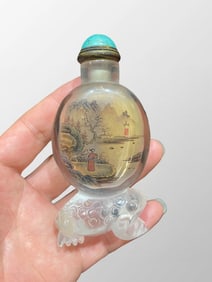 Old Chinese Peking Glass Inside Painting Mountain River Scene & Figure Design Snuff Bottle