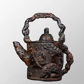 Vintage Chinese Ox Horn High Relief Mountain River Scene Handle Teapot