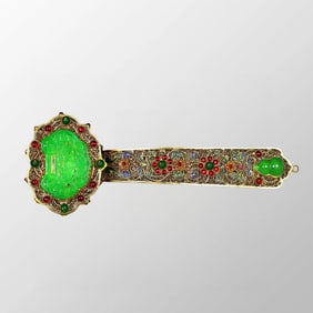 Excellent Chinese Gold Wires Enamel Inlay Green Jade Gourd Ruyi Scepter Statue