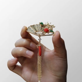 Exquisite Chinese Gilt Gold 925 Silver Inlay Red Coral Fan Shape Brooch