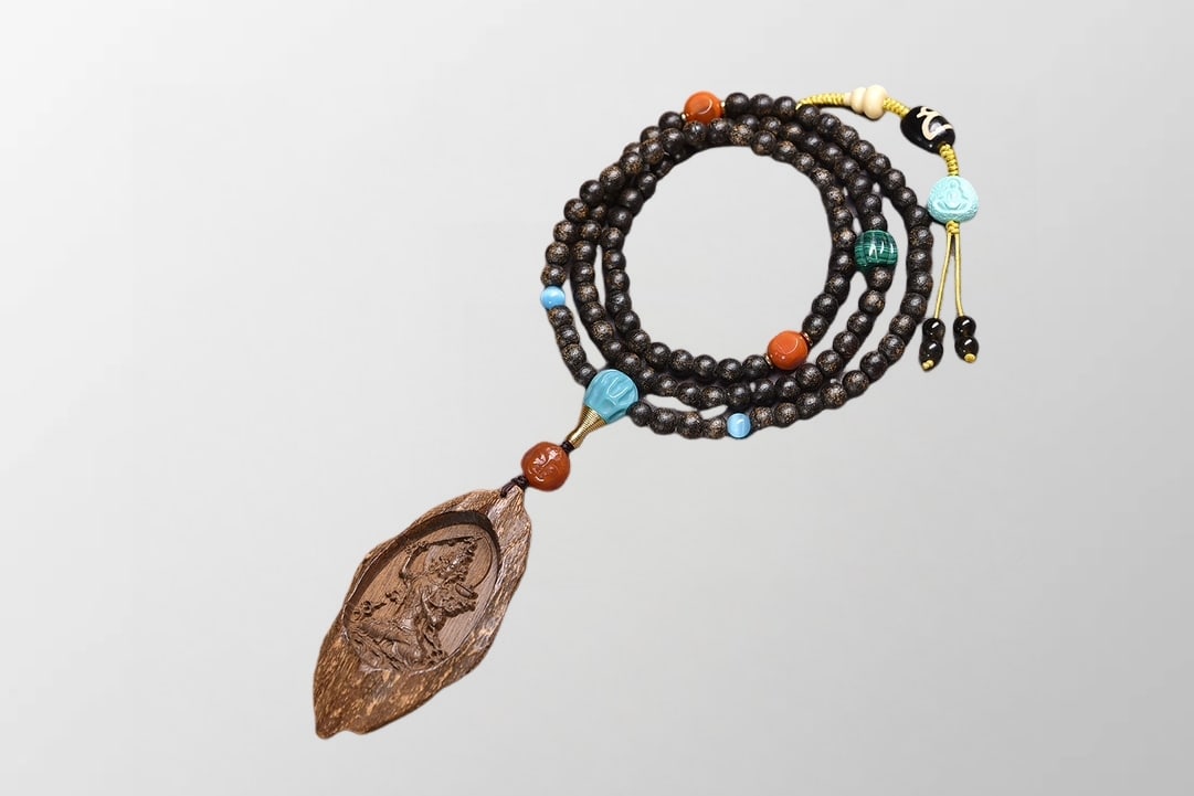 Vintage Chenxiang Wood Manjushri Bodhisattva Pendant w Turquoise & Agate Beads Necklace (1 of 7)