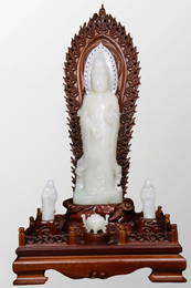 High Quality Chinese Hetian Jade Kwan-yin & Buddhist Monk Statue w Double Ears 3 Legs Incense Burner