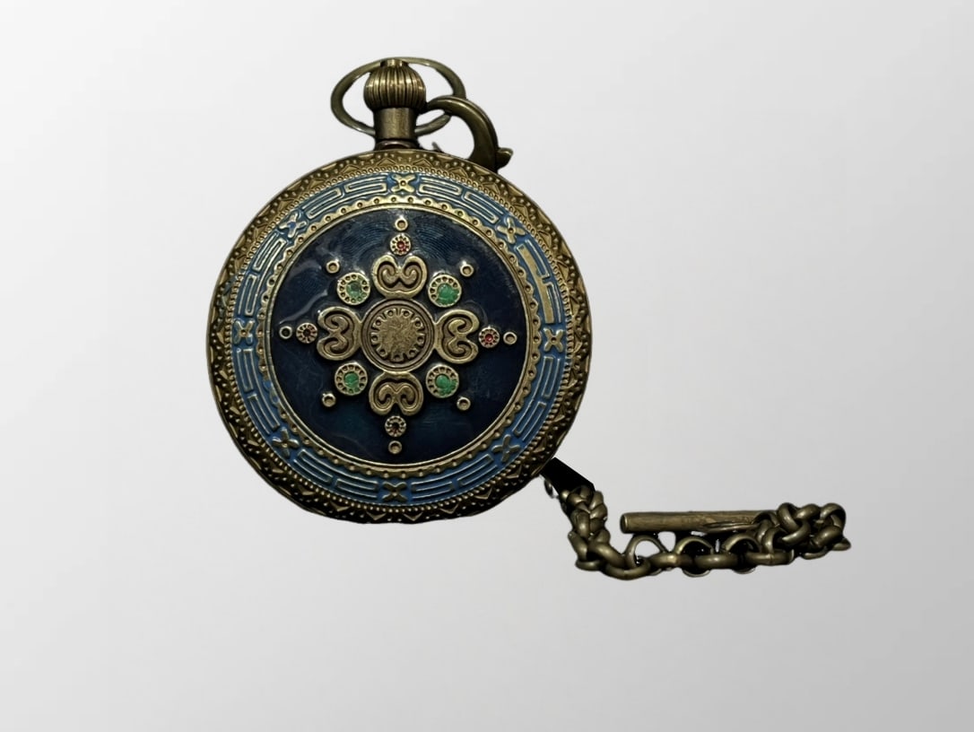 Vintage Brass Enamel Flower Design Machinery Pocket Watch (1 of 7)