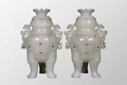 A Pair Exquisite Chinese Hetian Jade Inlay Gems & Silver Wires Carved Phoenix Incense Burner