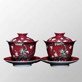 A Pair Chinese Rouge Red Glaze Famille Rose Plum Flower & Bamboo Design Porcelain Teabowl & Plate