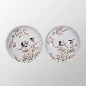 A Pair Chinese Famille Rose Plum Flower & Magpie Design Stuff Design Porcelain Plate