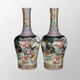 A Pair Chinese Gilt Gold Famille Rose Enamel Urchin Design Porcelain Vase