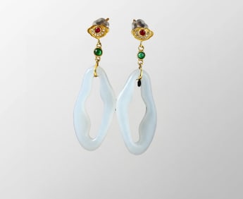 A Pair Exquisite Chinese 18K Gold Inlay White Hetian Jade Earrings