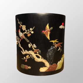 Vintage Chinese Zitan Wood Inlay Shell & Shoushan Stone Plum Flower & Magpie Design Brush Pot