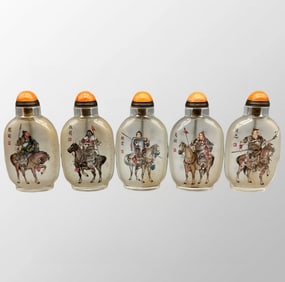 A Set Five Old Chinese Peking Glass Painting General Figure Design Snuff Bottle