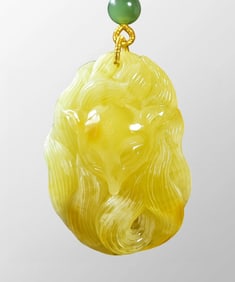 Superb Natural Beeswax Carved Nine-tailed Fox Pendant w Beeswax & Nanhong Agate Beads Necklace