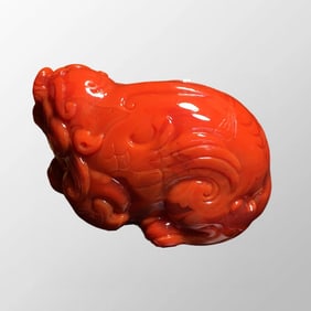 Chinese Natural Nanhong Agate Carved Fortune Pixiu Pendant w Beads Necklace