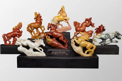 A Set Old Chinese Shoushan Stone Carved Eight Horse Statue