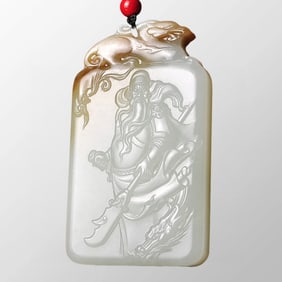 Chinese Natural Hetian Jade Carved General Guangong Pendant w Certificate