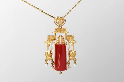 18k Gold Inlay Red Coral & Diamond Pendant w Silver Necklace