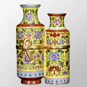 Chinese Gilt Gold Yellow Ground Famille Rose Flower Design Conjoined Porcelain Vase