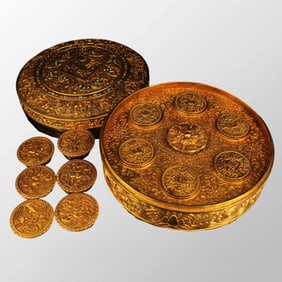 A Set Chinese Qing Dynasty Gilt Gold Copper Low Relief Sacrifice Bless Coins w Box