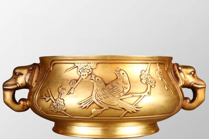 Vintage Chinese Gilt Gold Copper Plum Flower & Magpie Design Double Ears Incense Burner