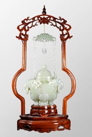 Superb Chinese Hetian Jade Double Rings Chain Incense Burner w Zitan Wood Shelf