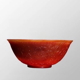 Old Chinese Red Agate Low Relief Flowers Design Bowl