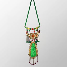 Exquisite Chinese Gold Wire Enamel Inlay Green Jade & Gems Necklace