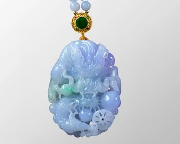 Natural Jadeite Carved Fortune Dragon Pendant w Beads Necklace