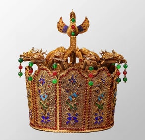 Exquisite Vintage Chinese Gold Wires Enamel Inlay Gem Dragon Phoenix Crown