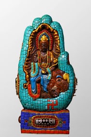 Vintage Tibetan Meteorolite Inlay Turquoise & DZI Agate Samantabhadra Statue