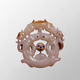 Openwork Old Chinese Hetian Jade Inlay Peking Glass Dragon Pendant