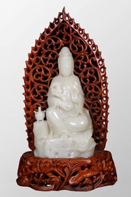 High Quality Chinese Natural Hetian Jade Carved Kwan-yin Statue w Wood Base
