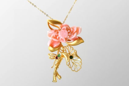 18k Gold Inlay Red Coral & Ruby,Jadeite Flower Pendant w Silver Necklace